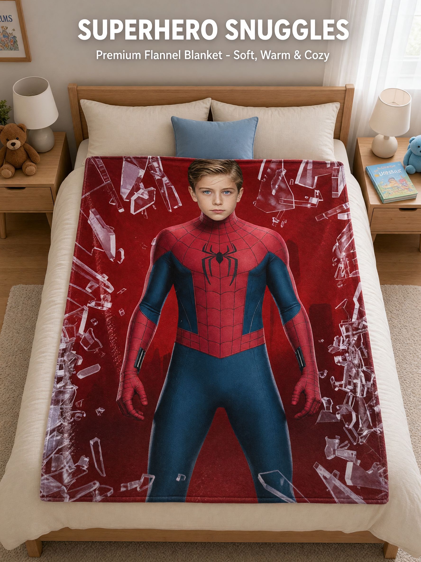 Custom Face Superhero Flannel Blanket, Personalized Photo Throw for Kids Adults, Ultra Soft Warm Bed Couch Cover