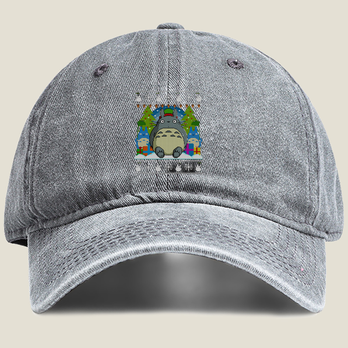 Totoro Christmas Sweater Design - Washed Denim - Baseball Cap