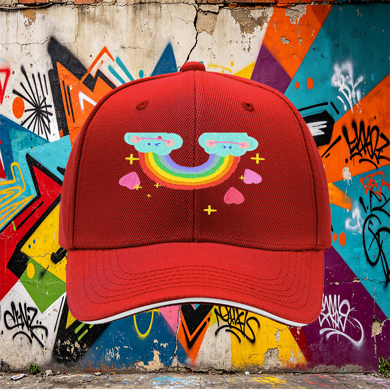 Unisex Classic Sandwich Hat with Rainbow Clouds and Hearts Print - Perfect for Casual Outings, Festivals, and Everyday Wear - Ideal for Teens and Young Adults Seeking Fun, Colorful Accessories