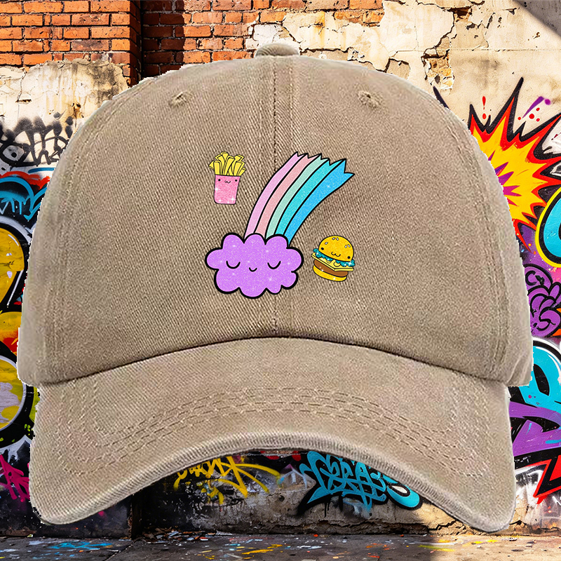 Men's Printed Washed Cap with Cute Rainbow Cloud, Fries and Burger Design - Casual Round Brim Summer Lightweight Hat for Outdoor Activities, Travel, and Daily Wear - Ideal for Young Adults and Trendy Urban Style Lovers