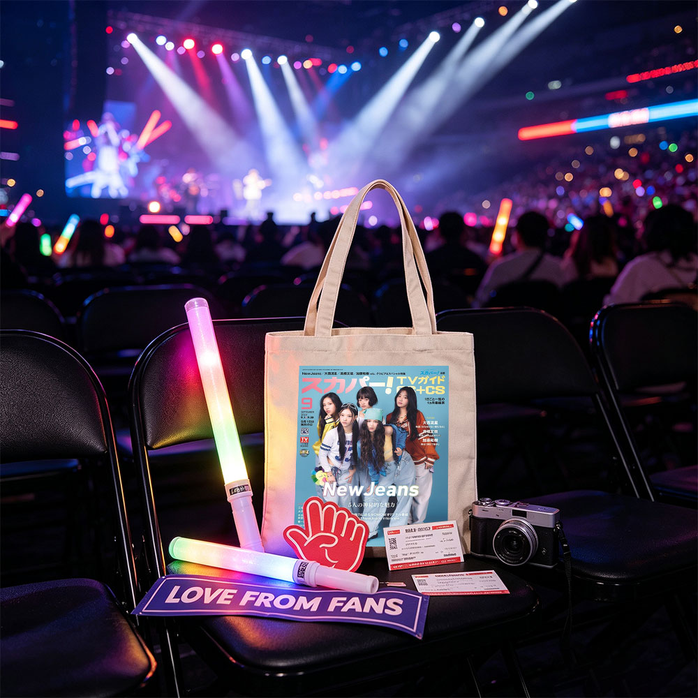 NewJeans on TV Guide Cover Featuring Five Members in Casual Outfits with Blue Background - Canvas tote bags