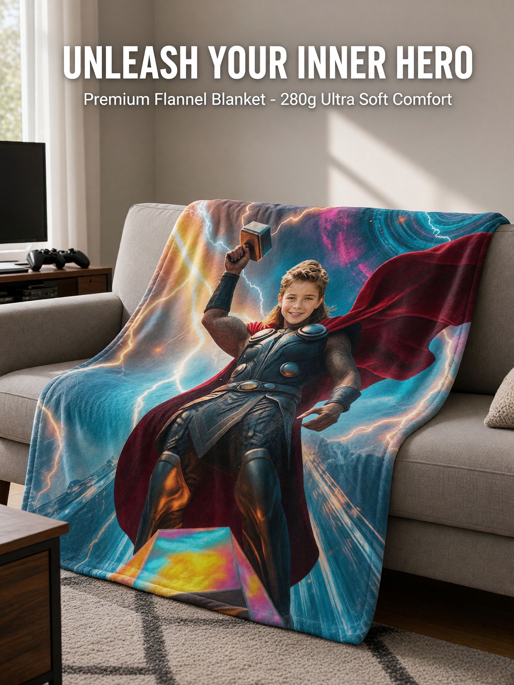Custom Face Superhero Blanket, Personalized Photo Soft Flannel Throw for Kids and Adults, Cozy Bed Couch Gift