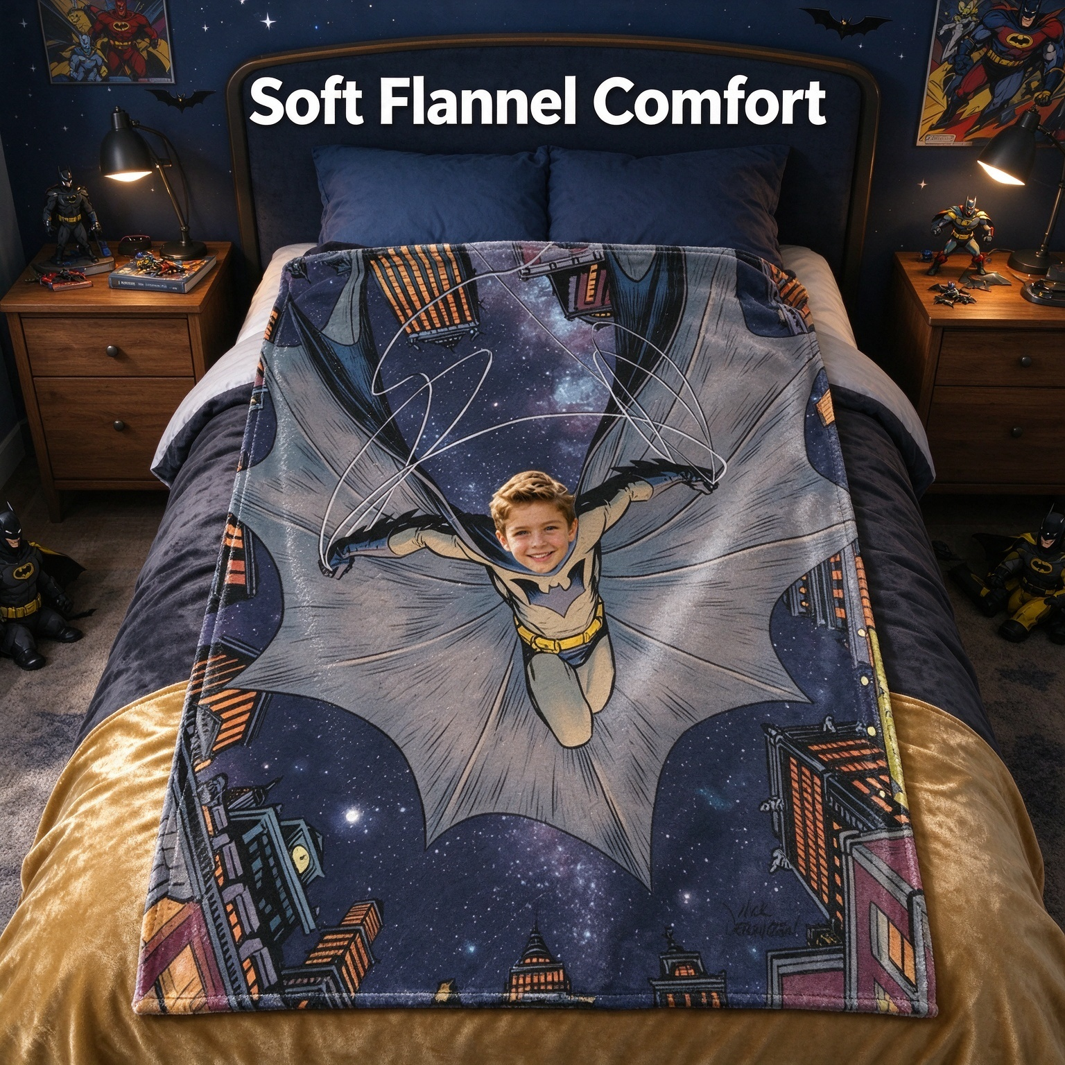 Custom Superhero Face Photo Blanket, Personalized Soft Flannel Throw, Comic Flying Hero Couch Wrap, Unique Memory Gift