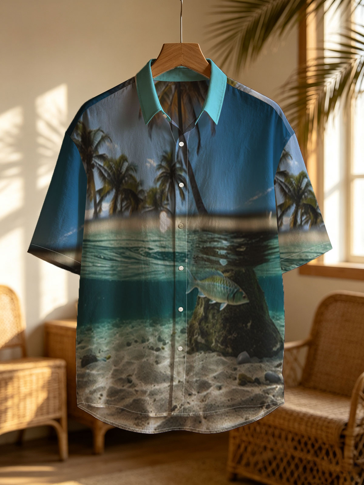 Tropical paradise with palm trees and a fish swimming underwater -  Shirt