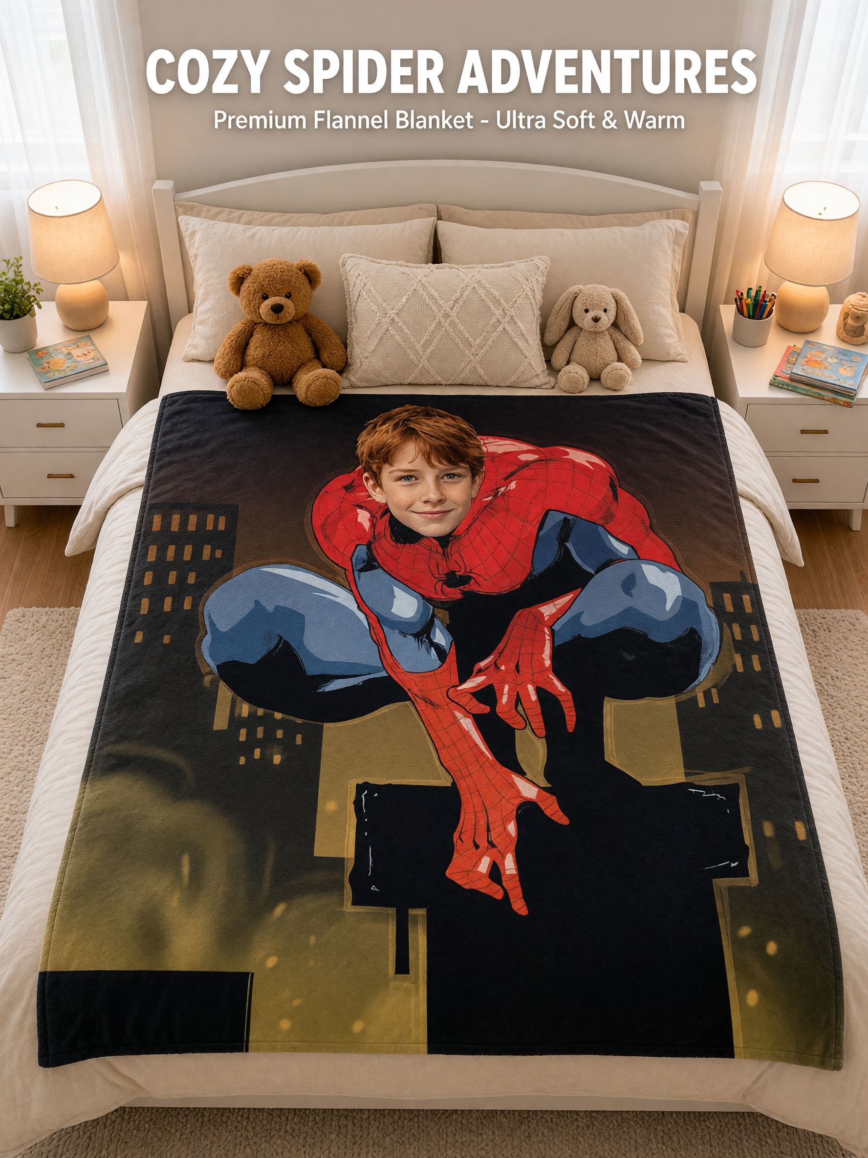 Custom Photo Superhero Flannel Fleece Blanket Personalized Face Plush Throw Gift for Kids and Fans