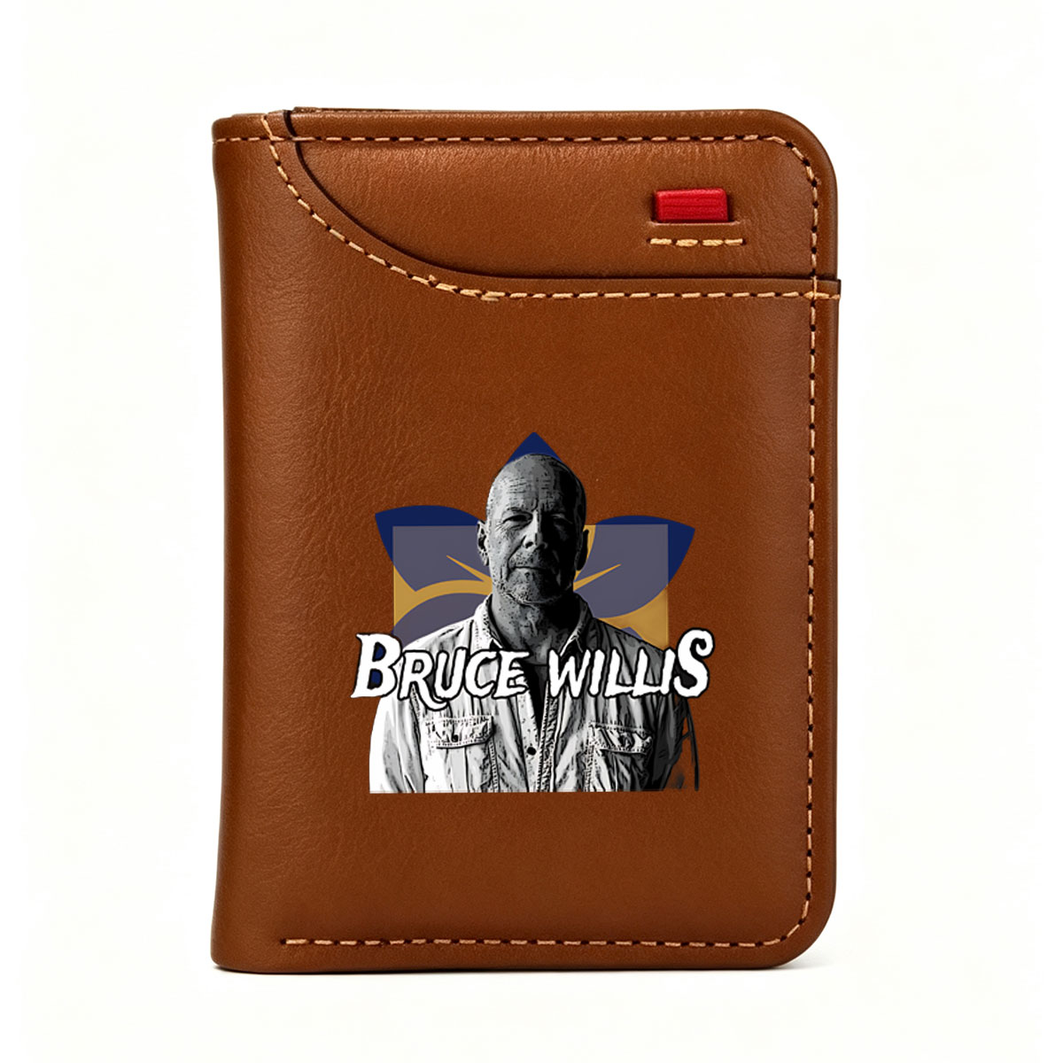 Bruce Willis in a stylized graphic with bold text and abstract background elements - Vertical Style Wallet