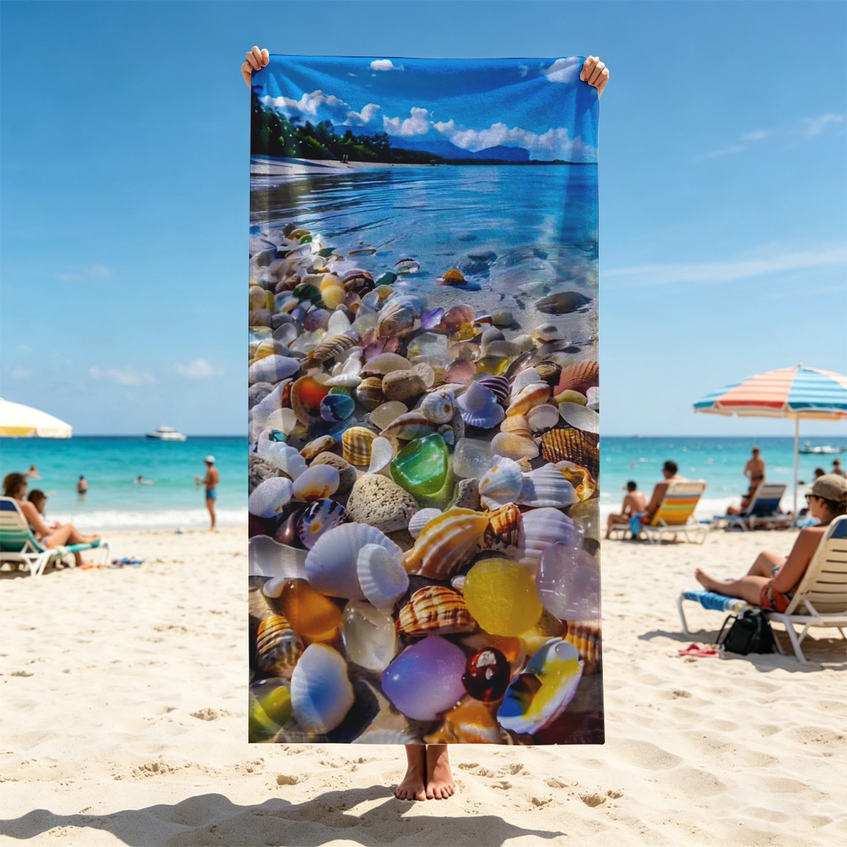 Colorful seashells on a tropical beach with clear blue water and sky. - Beach towels