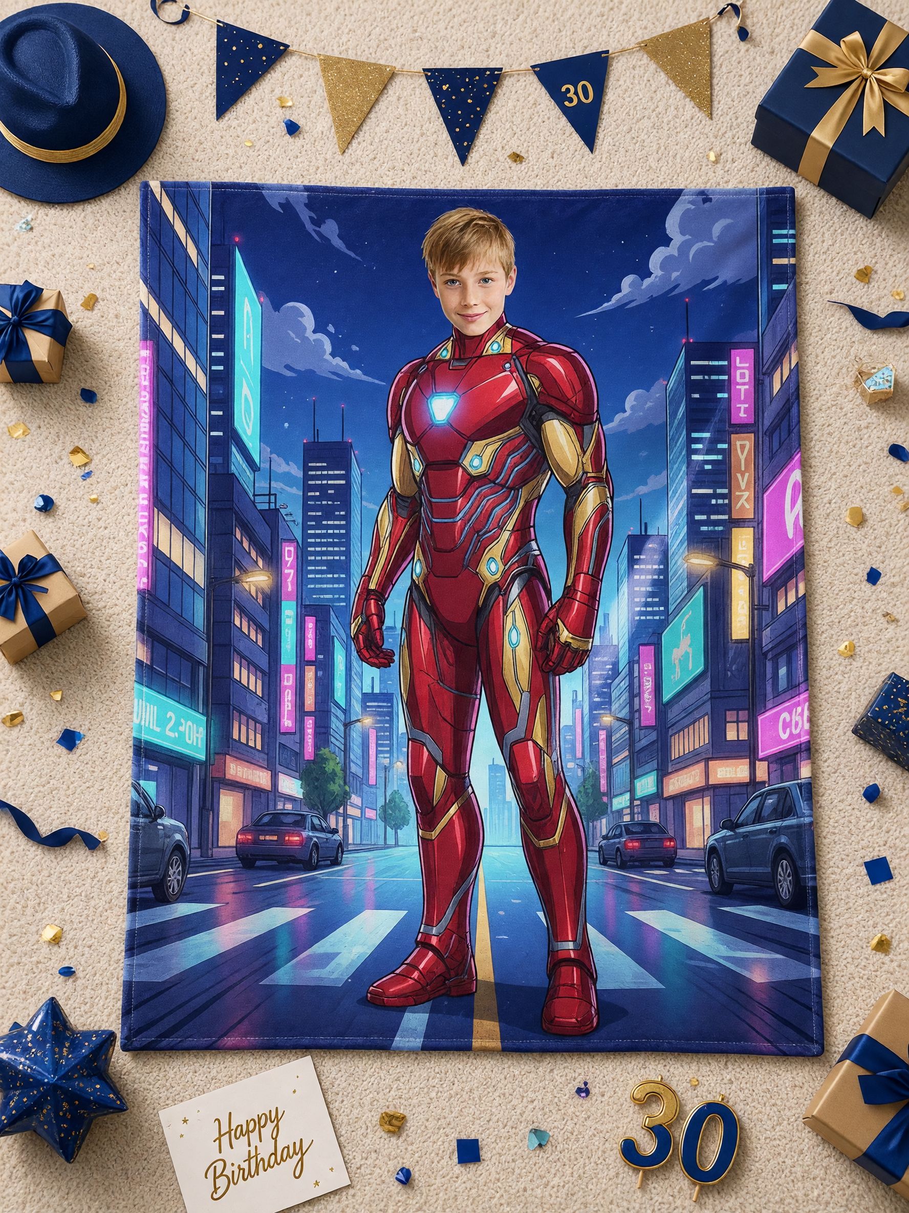 Custom Face Blanket Personalized Superhero Armor Graphic Soft Flannel Throw Cozy Skin-Friendly Birthday Gift for Kids