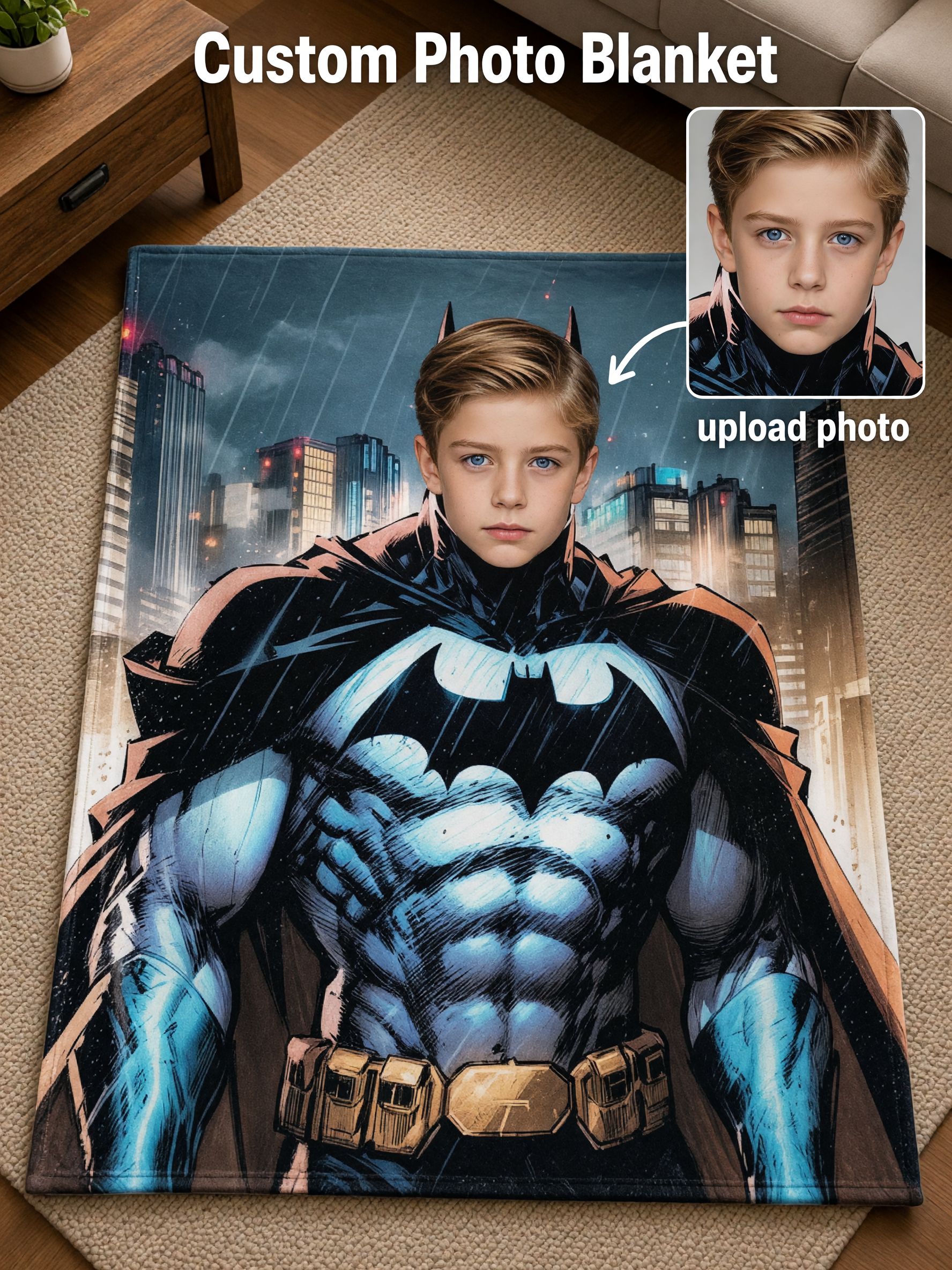 Personalized Superhero Face Blanket Custom Photo Print Soft Flannel Throw Ideal Cozy Keepsake Gift