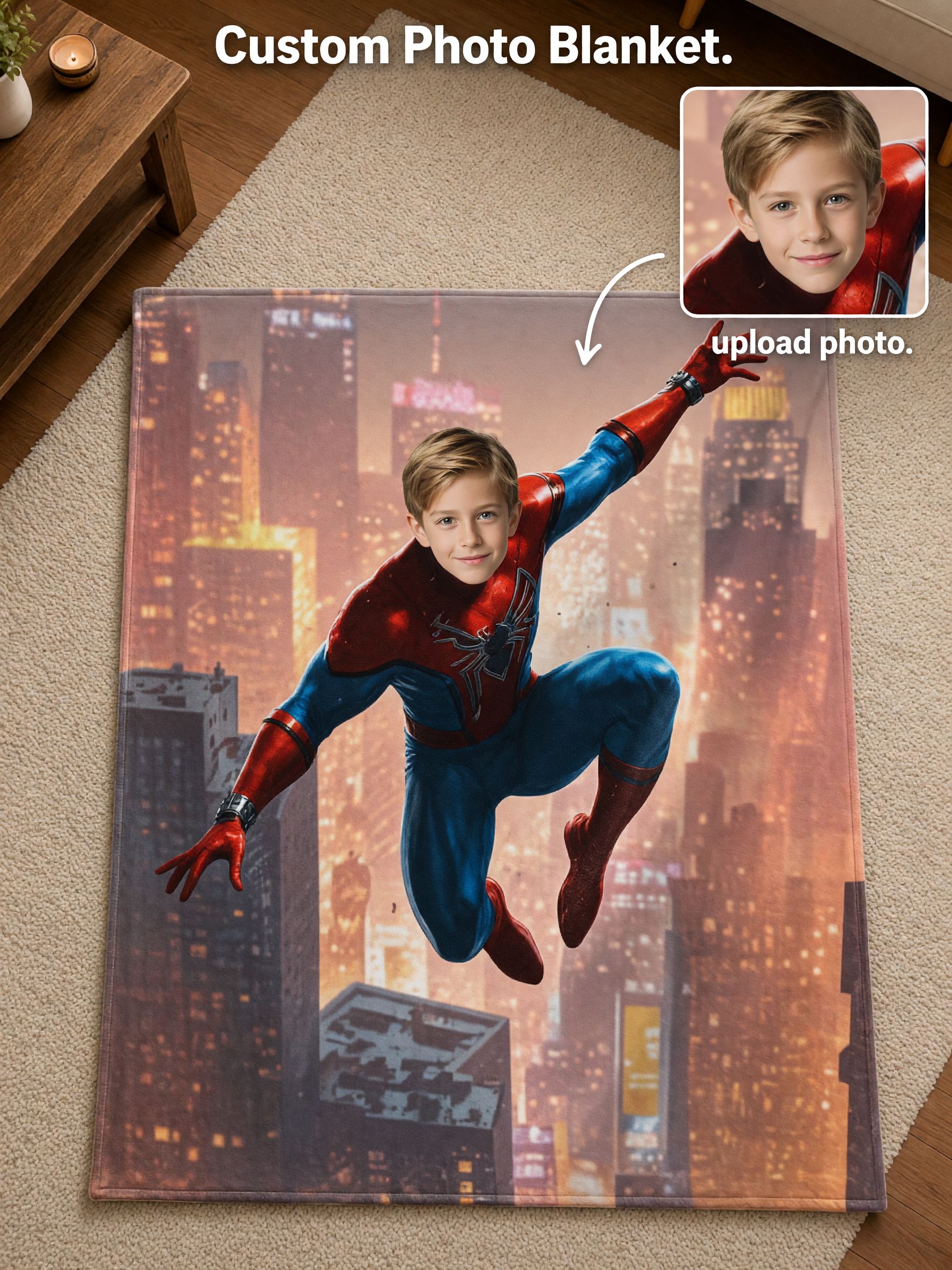 Personalized Face Superhero Flannel Blanket Custom Photo Flying Hero Cozy Throw Bedding Ideal Birthday Gift for Kids