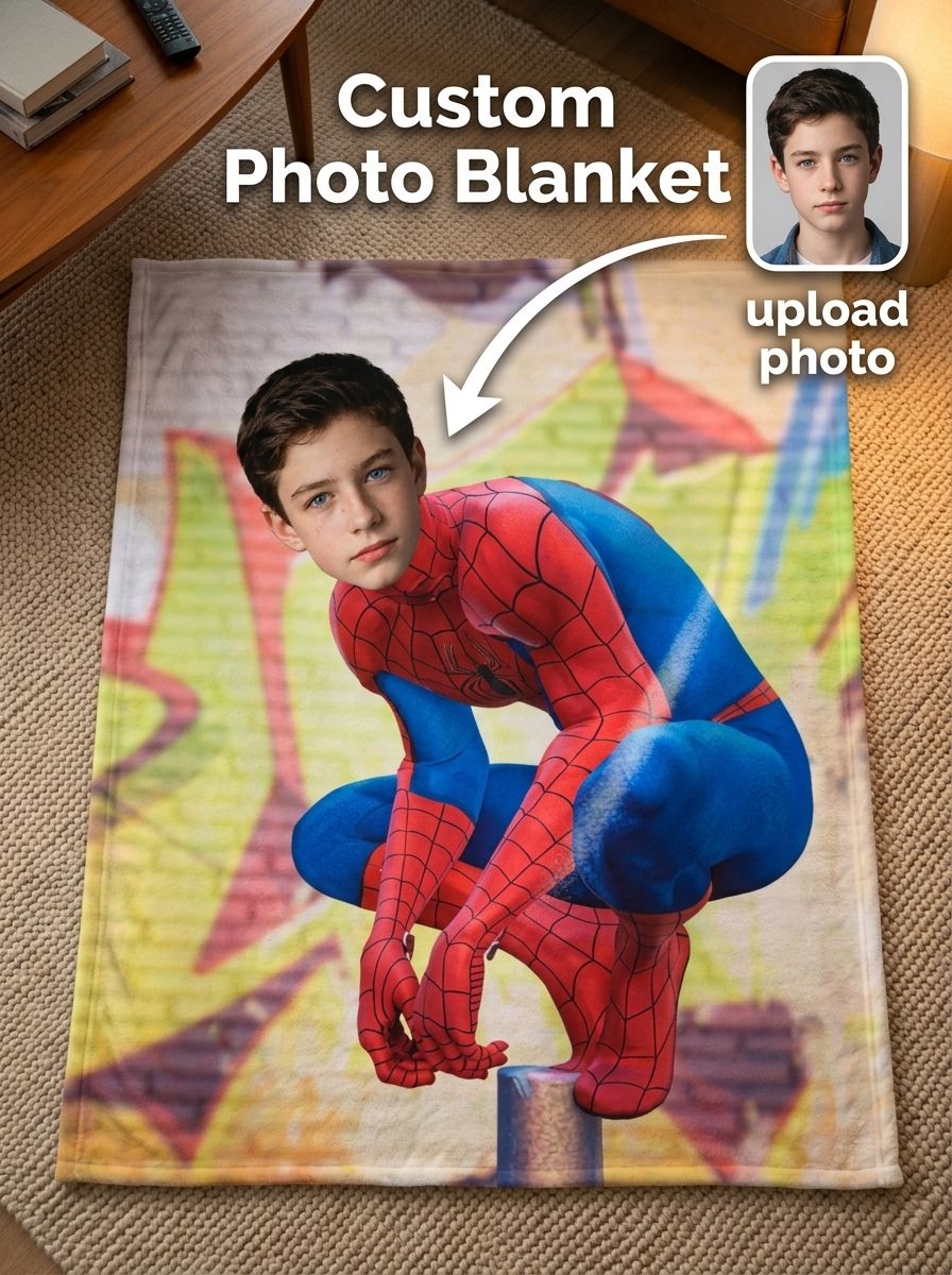 Custom Photo Superhero Flannel Blanket, Ultra Soft Personalized Face Fleece Throw, Warm Cozy Birthday Gift for Kids