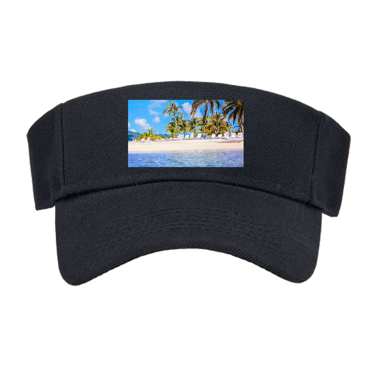 Sunny beach with palm trees and clear blue water -  Visor cap