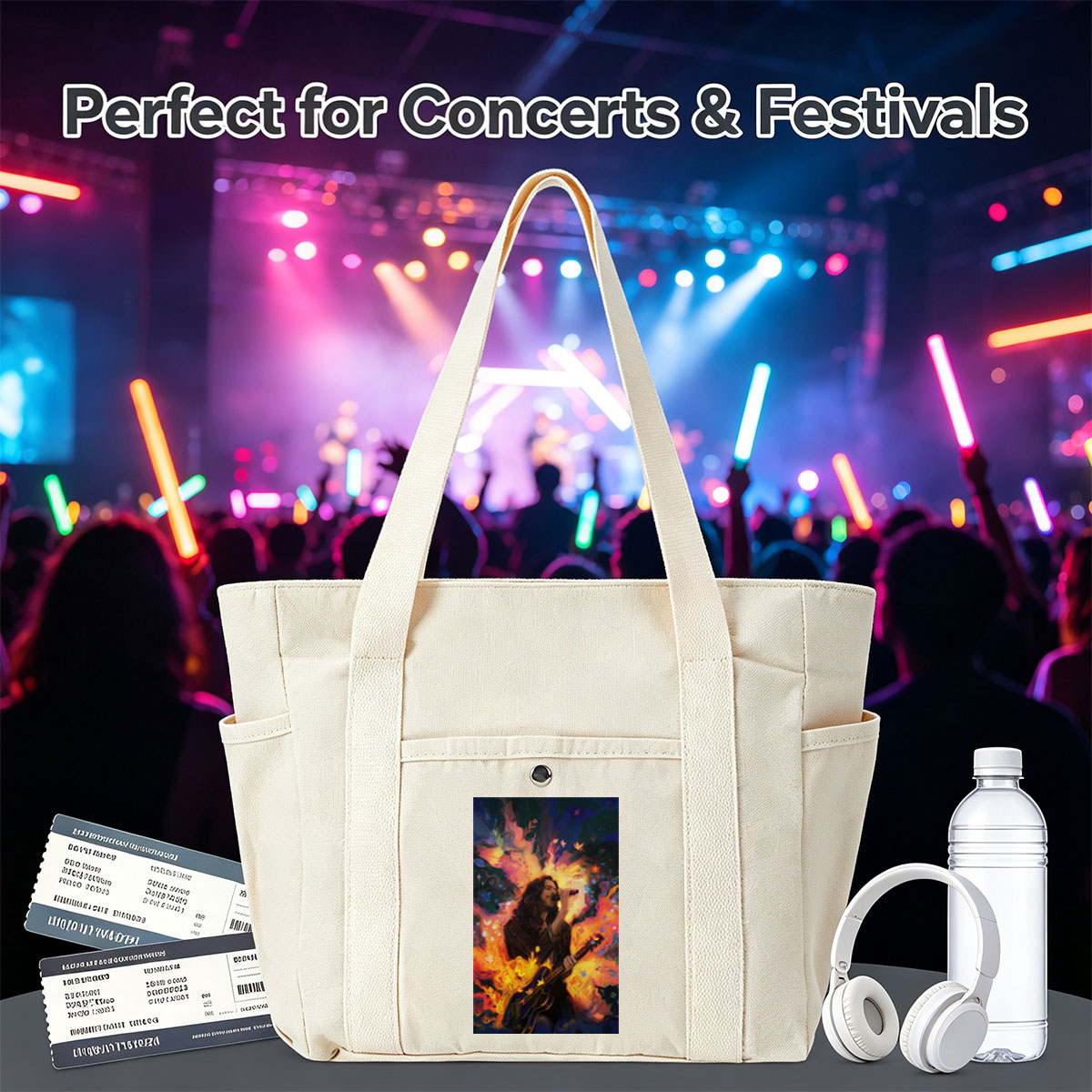 Hozier Performing with Guitar Amidst Vibrant Flames and Flowers Artwork - Multi-pocket bags
