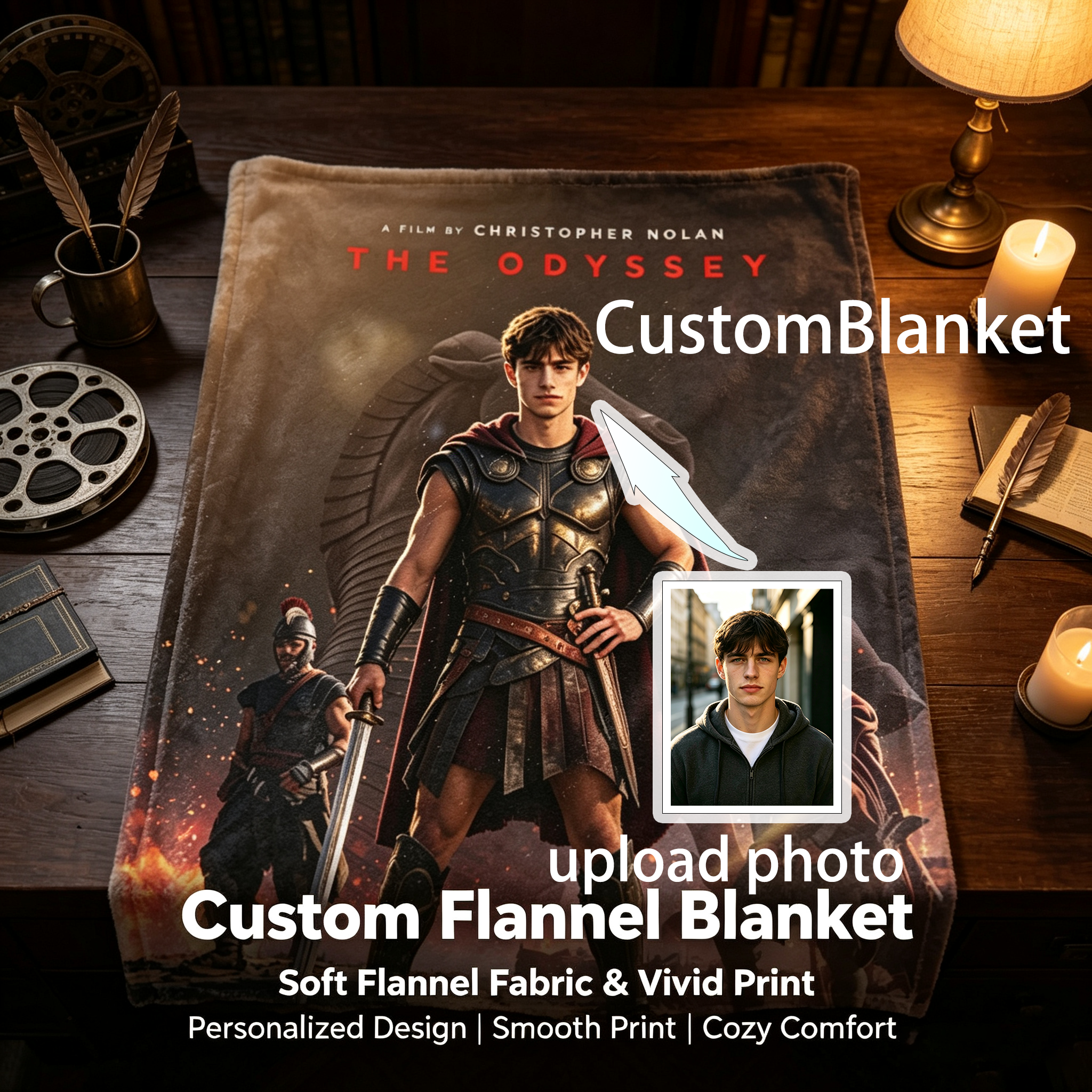 Custom Face Blanket The Odyssey Movie Character Flannel Blanket for Couch, Bed, or Travel – Perfect Gift or Giveaway for Fans of Christopher Nolan Films