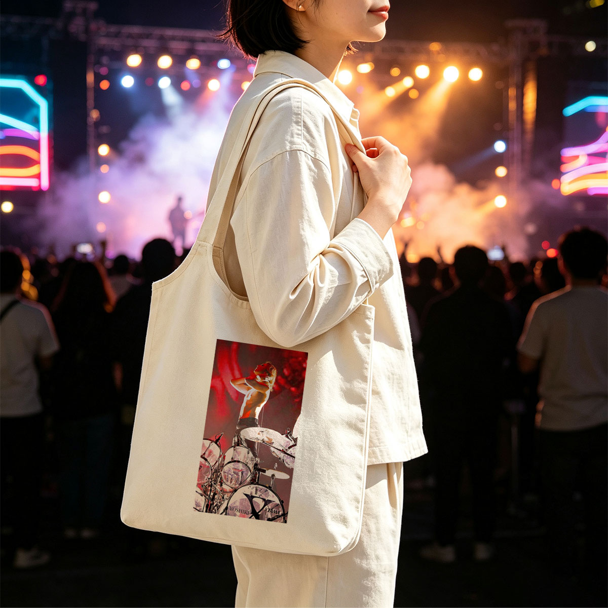 Yoshiki of X Japan on Stage Performing with Drum Set in Intense Red Lighting - Canvas shoulder bags/