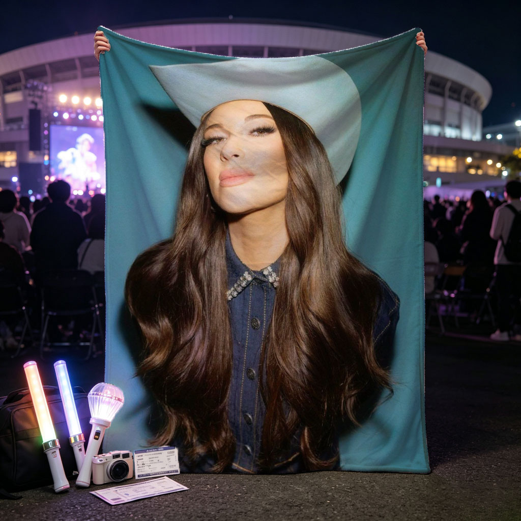 Kacey Musgraves in a Cowboy Hat and Denim Outfit Against a Blue Background - Blankets