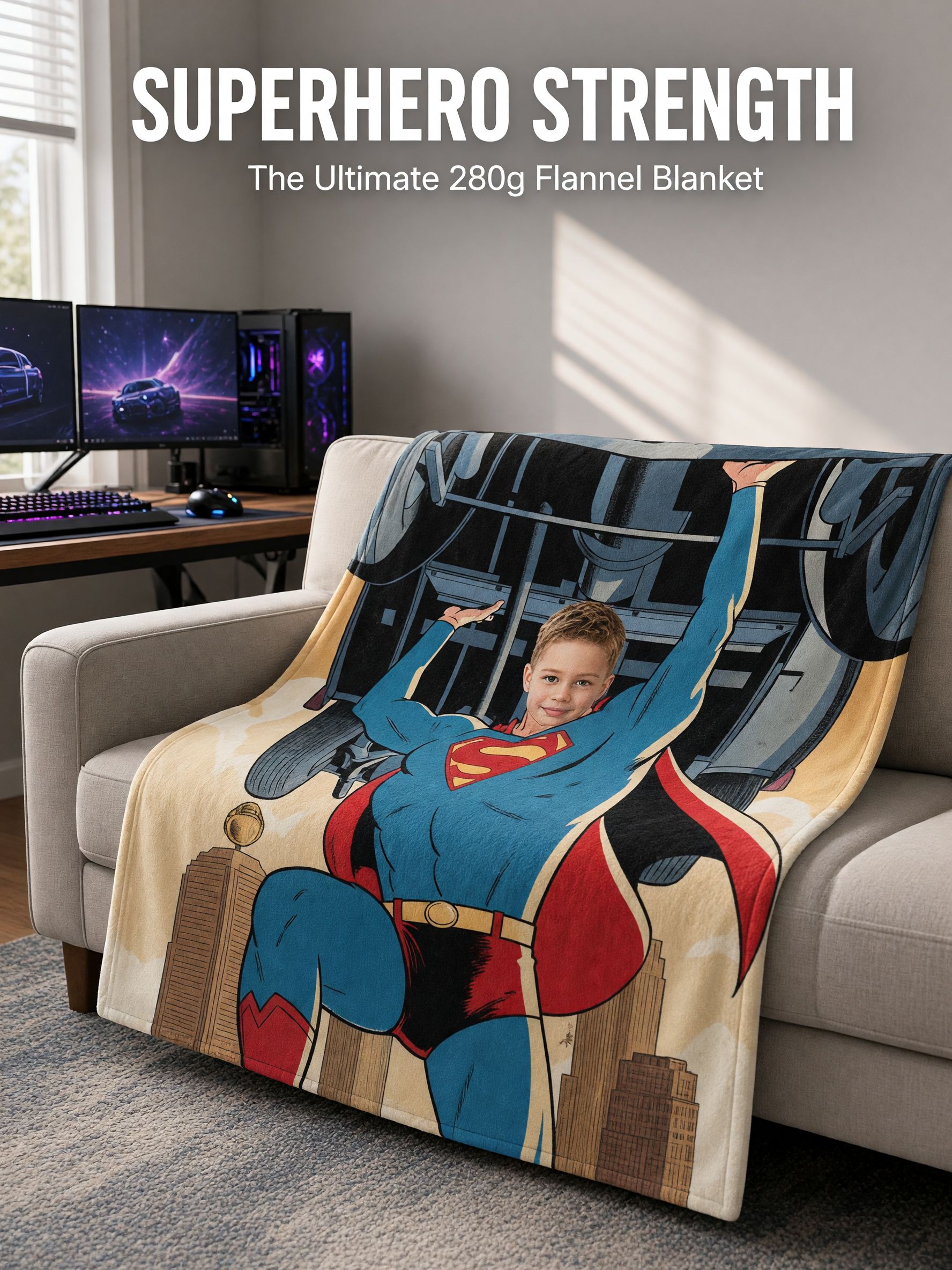 Custom Face Superhero Flannel Blanket Personalized Comic Action Hero Lifting Car Throw Ideal Cozy Gift for Kids and Boys