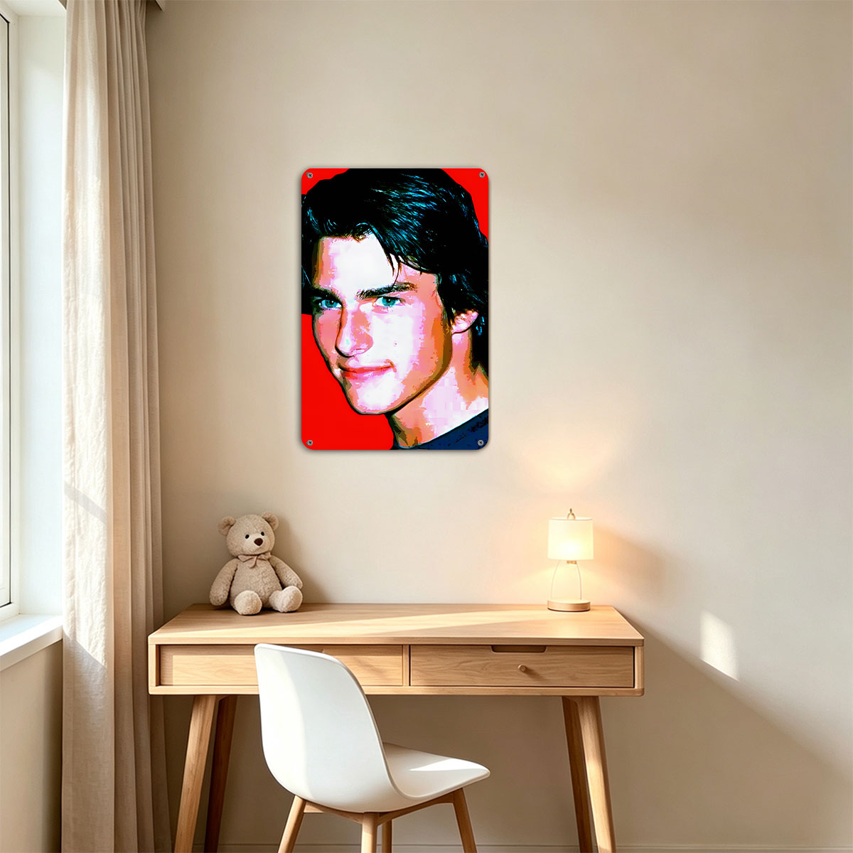 Tom Cruise in a stylized portrait with vibrant red background - painting