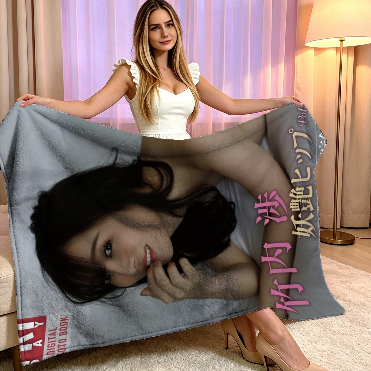 Blonde woman in beige lingerie sitting topless on kitchen chair. - Blanket