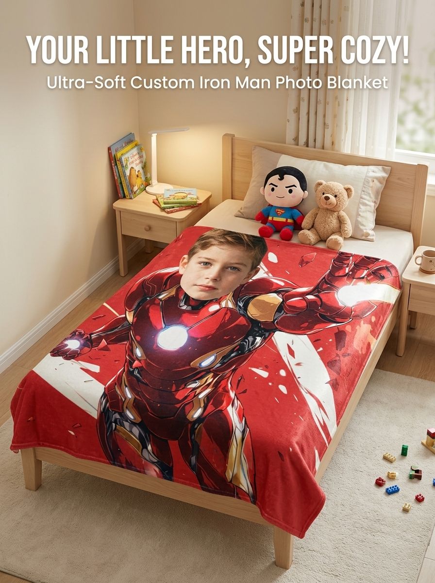 Custom Photo Superhero Armor Flannel Blanket Personalized Face Velvet Plush Throw Ideal Gift for Kids Adults