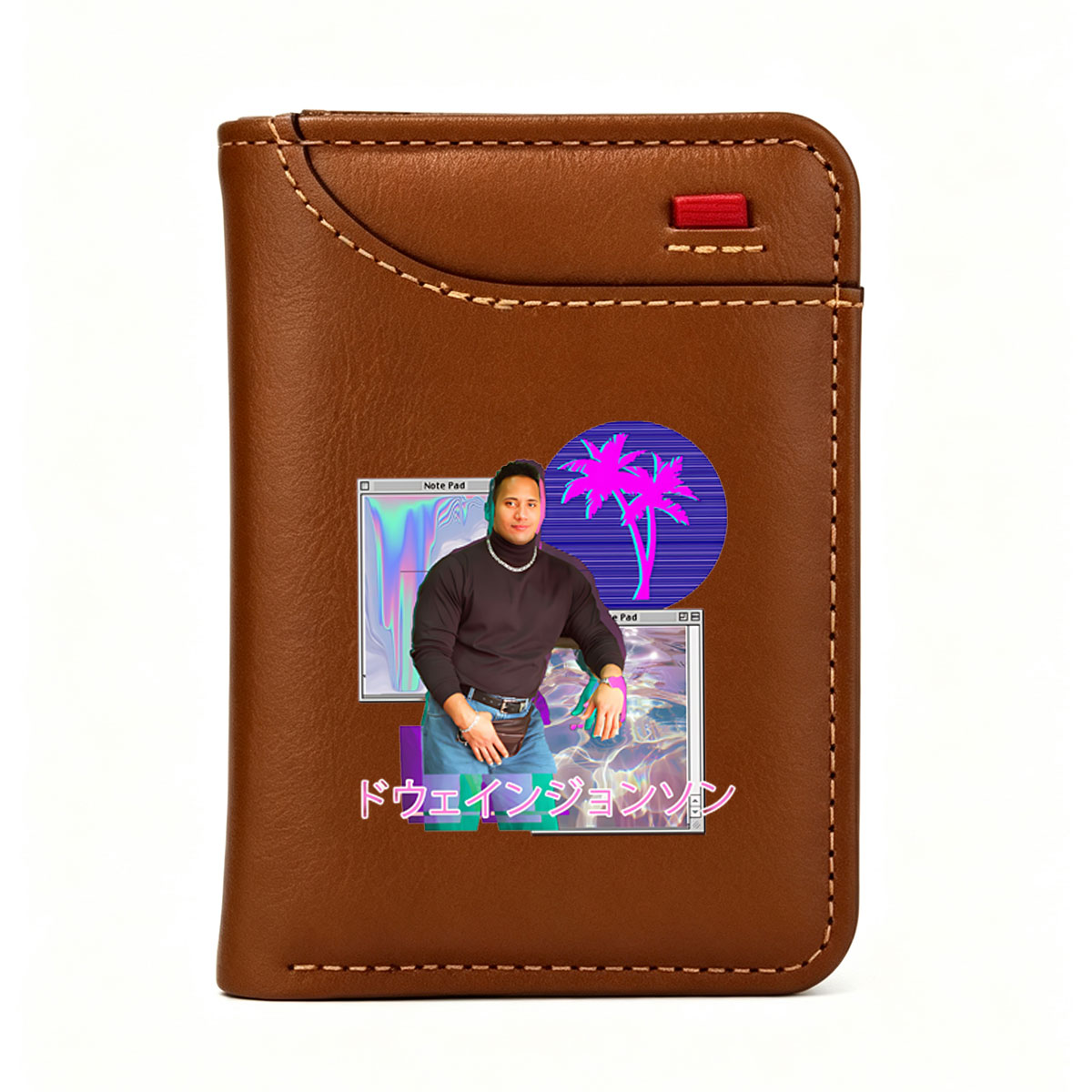Dwayne Johnson in a Retro Digital Art Collage with Neon Palm Tree and Note Pad Background - Vertical Style Wallet