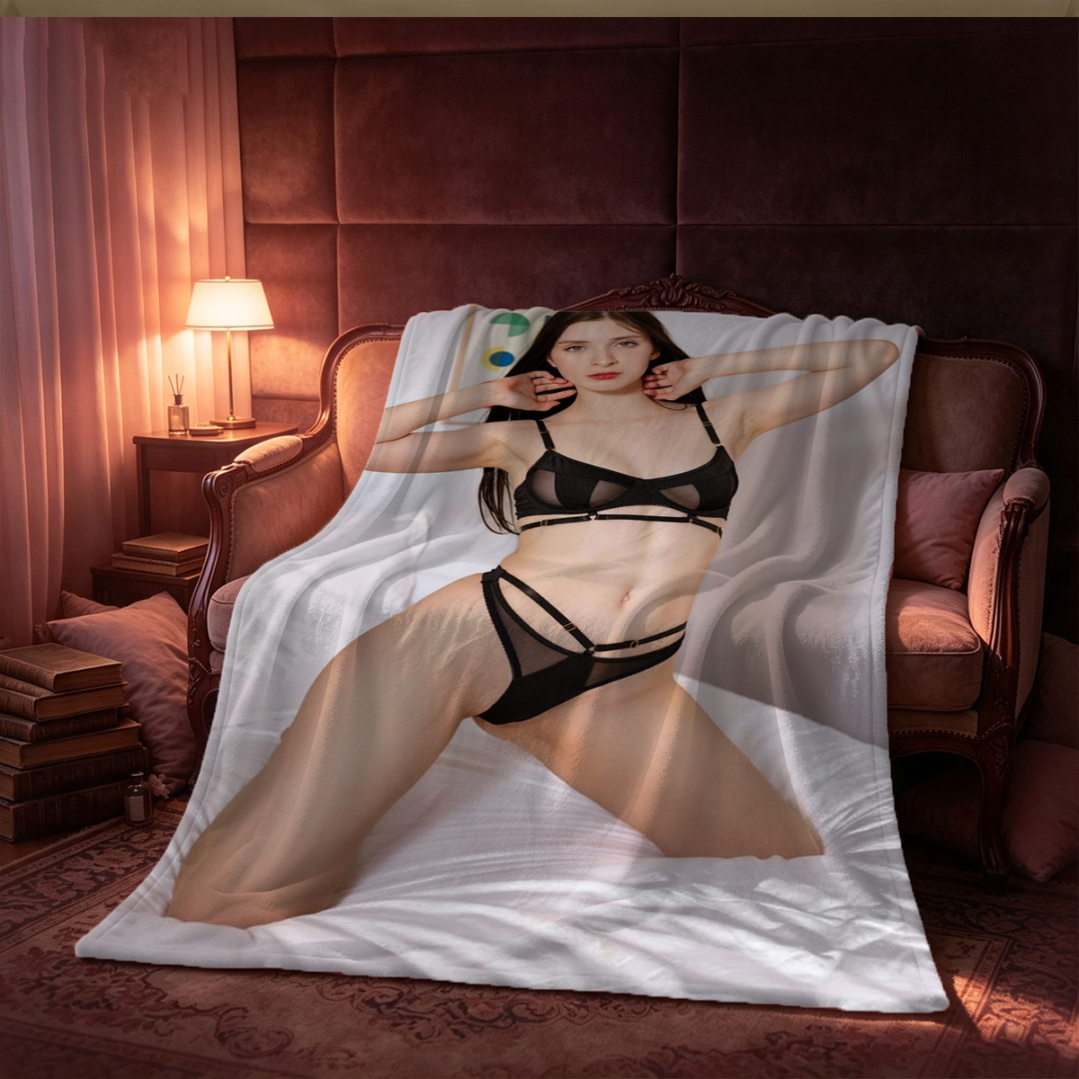 Redhead in white lace lingerie and stockings posing on armchair. - Blanket