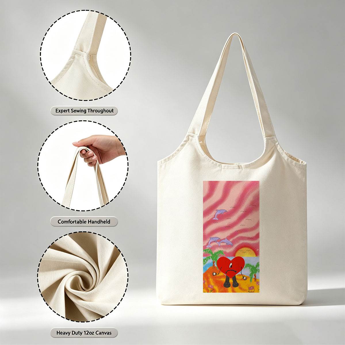 Heart Character on Tropical Beach with Dolphins and Sunset - Canvas shoulder bags/