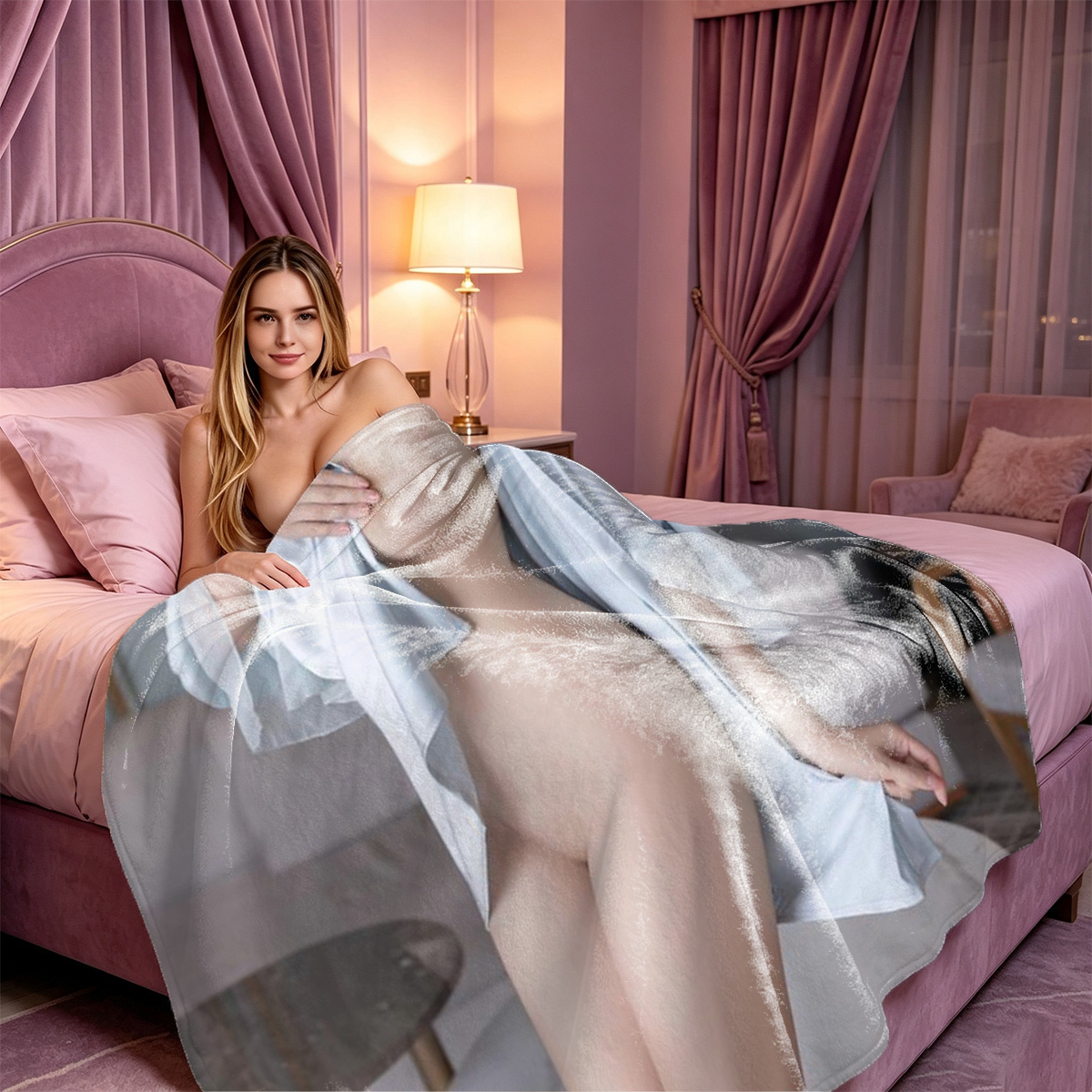 A young woman in a white lace bralette and white leggings with nipple clamps, sitting by the pool. - Blanket