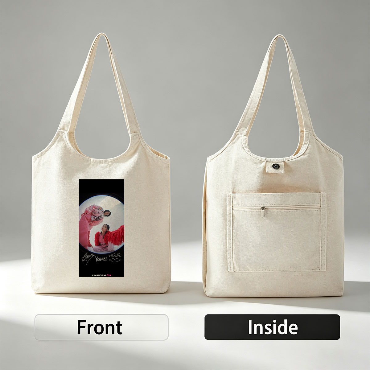 YOASOBI Live Performance in Vibrant Pink Outfits with Fisheye Lens Effect - Canvas shoulder bags/