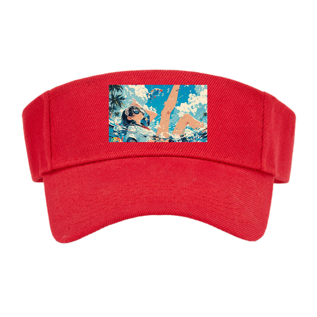 Girl floating in water with koi fish and palm trees under blue sky -  Visor cap
