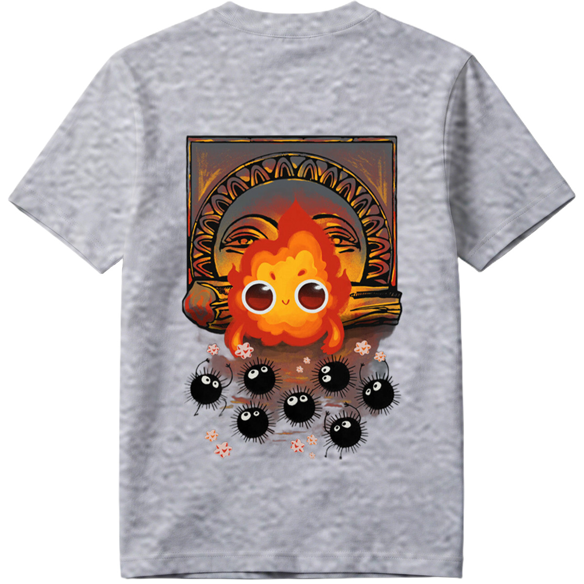 Cute Flame Character with Black Spiky Creatures and Ancient Mask Background - Tee