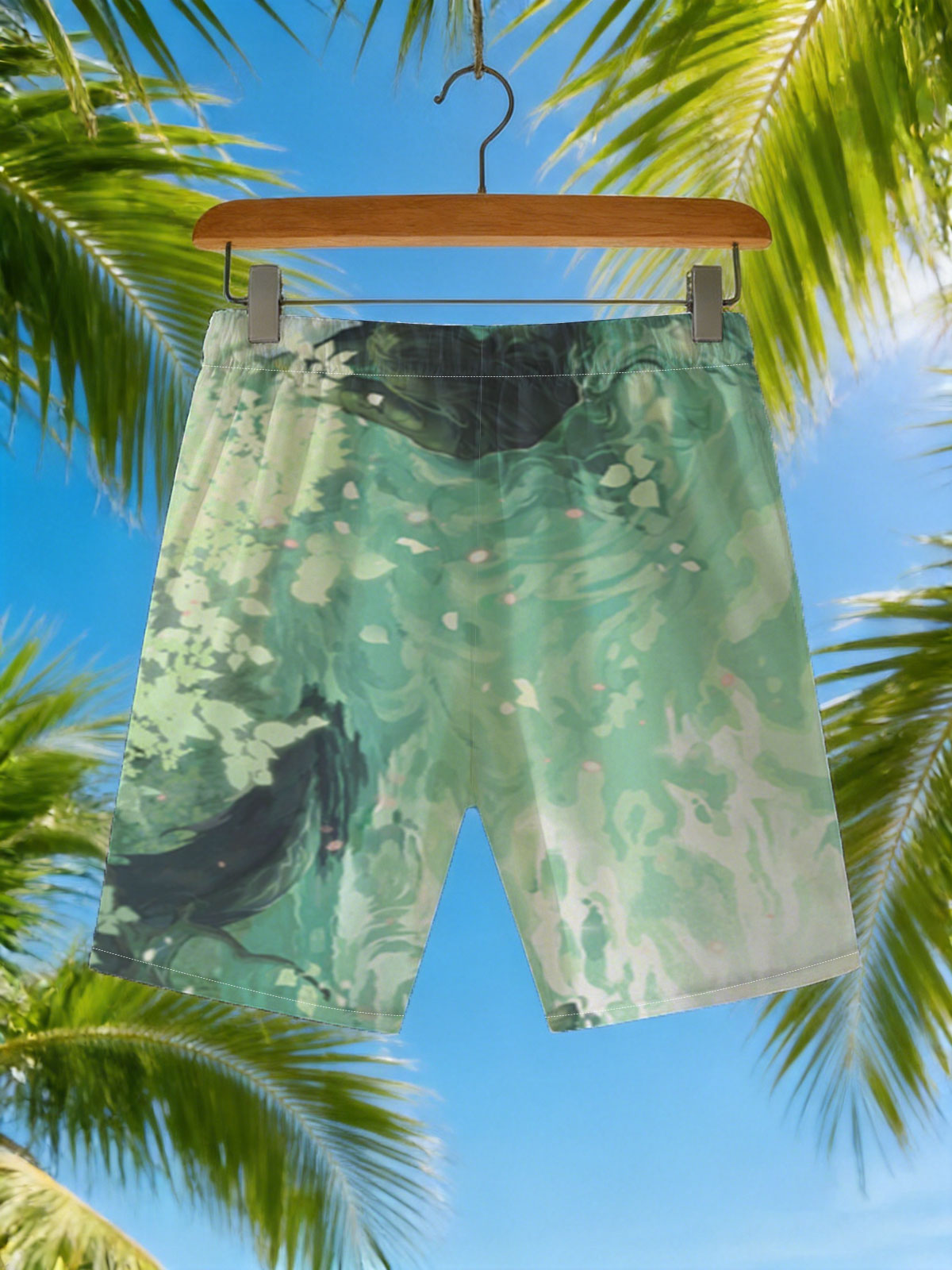 A woman floats gracefully in emerald waters, surrounded by blooming flowers and gentle ripples. -  Beach shorts