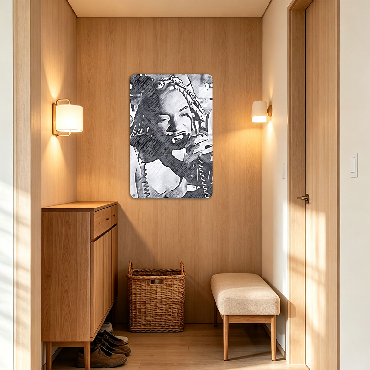 Woman Laughing with Braided Hair and Headphones - painting