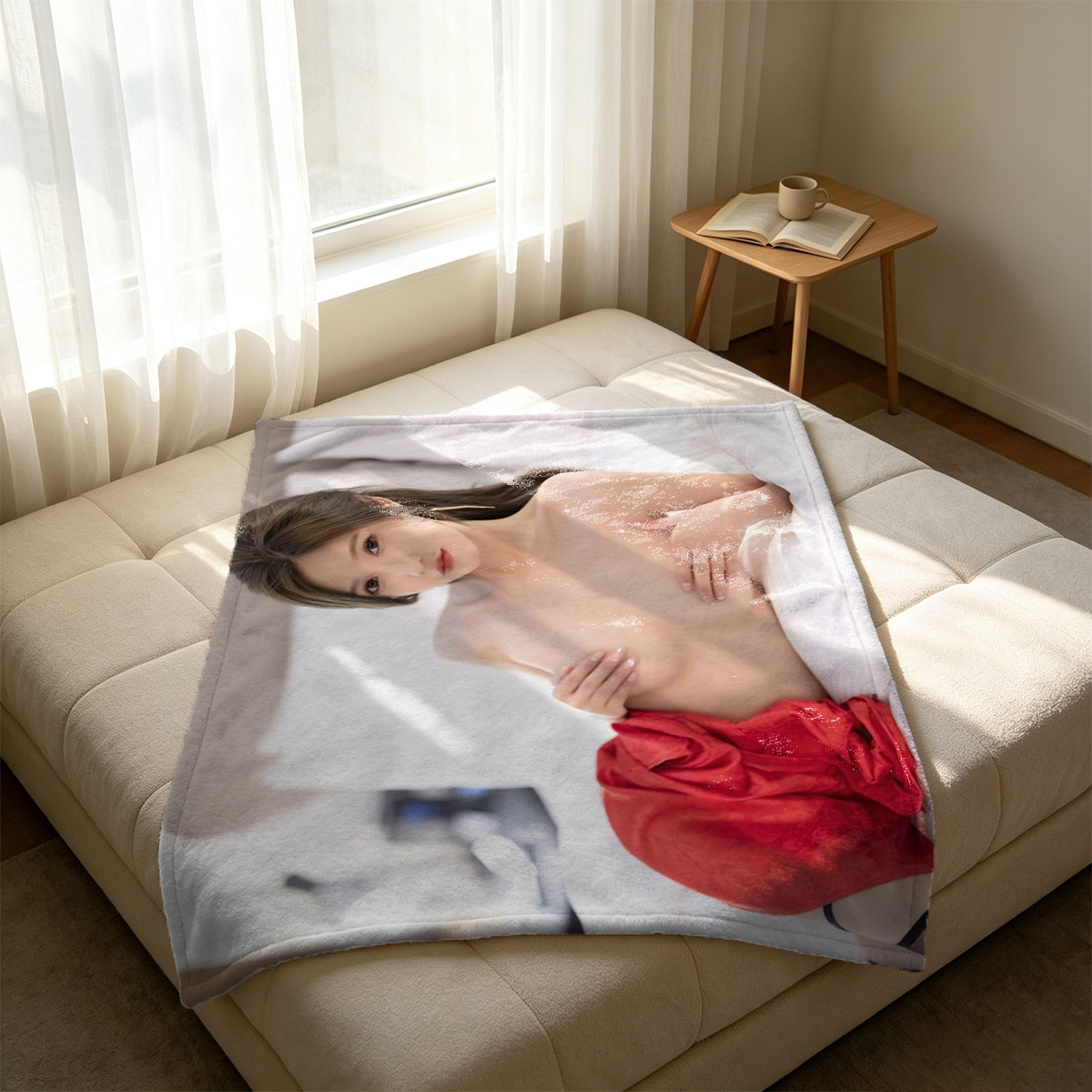 Emma Watson in grey thong lingerie, topless on couch smiling seductively. - Blanket