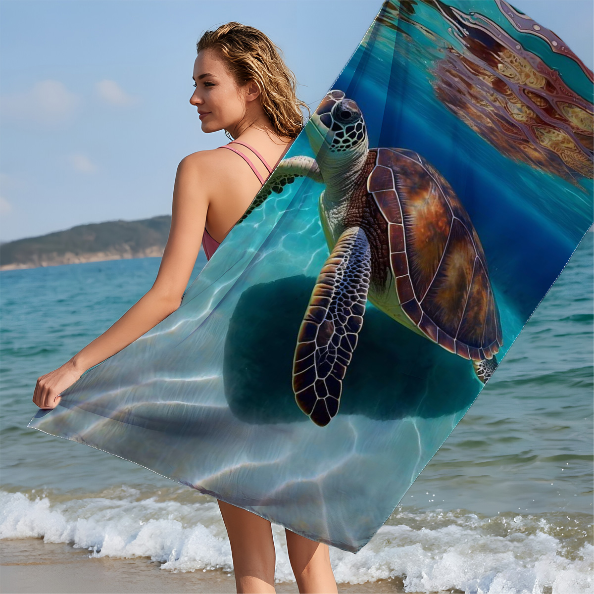 Sea Turtle Swimming in Crystal Clear Waters - Beach towels