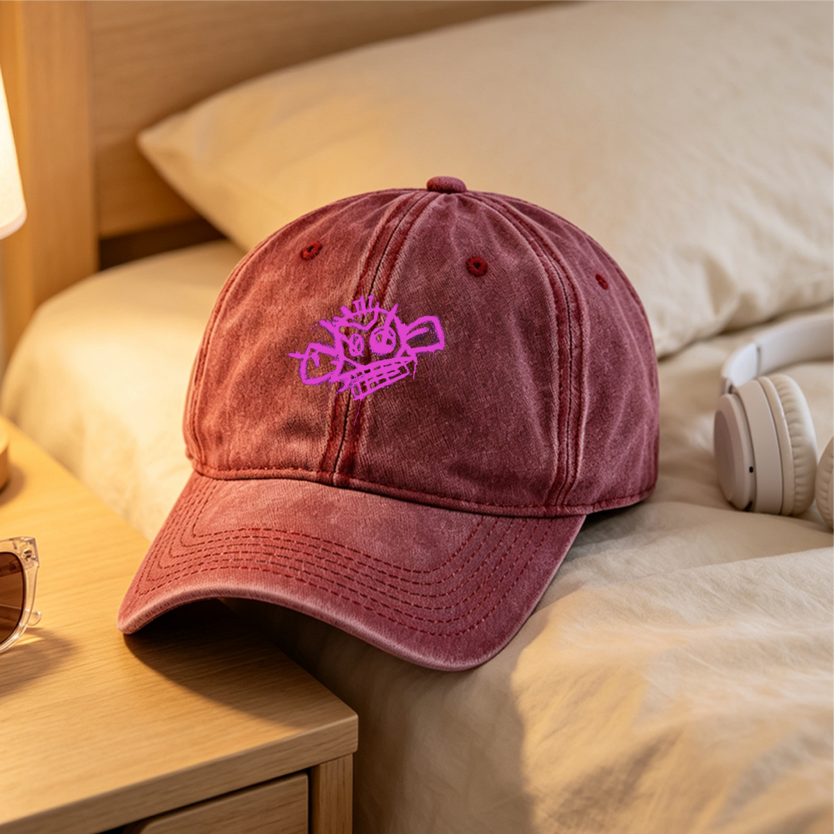 Graffiti-style pink skull with crown and crossbones on black background - Washed Denim - Baseball Cap