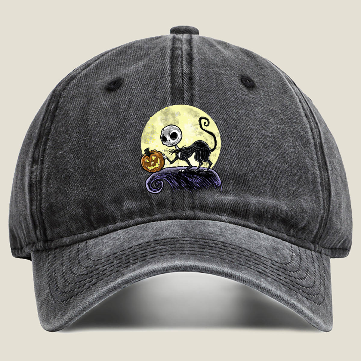 Jack Skellington and Pumpkin Moon - Washed Denim - Baseball Cap