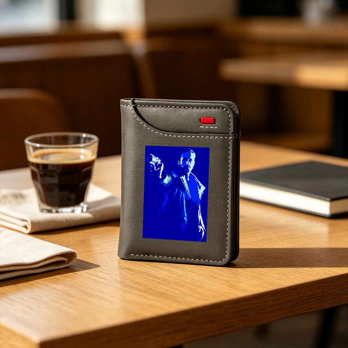 Ryan Gosling as Blade Runner in a blue-toned, stylized portrait holding a pistol. - Vertical Style Wallet