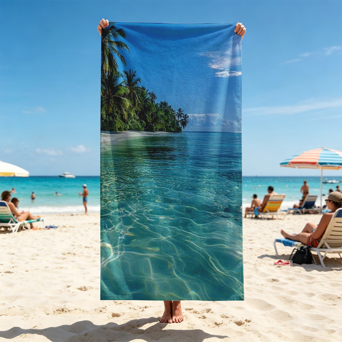 Crystal-clear turquoise waters meet a pristine white sand beach lined with lush palm trees under a bright blue sky. - Beach towels