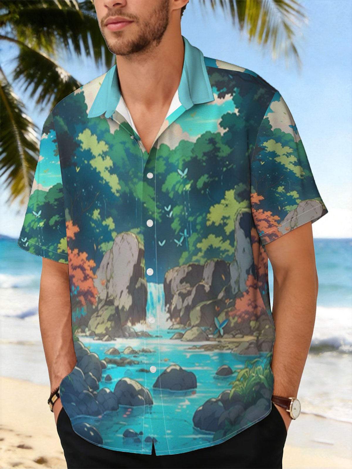 Serene Forest Stream with Waterfall and Butterflies -  Shirt