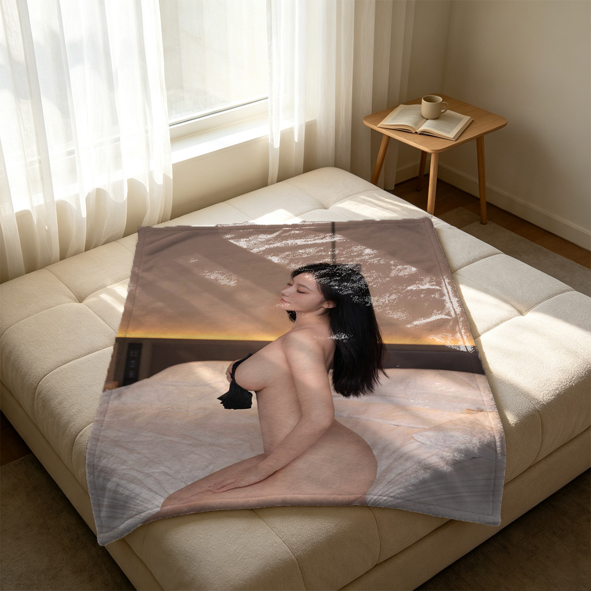 Nude Blonde in Pearl Choker Posing on Bed - Blanket