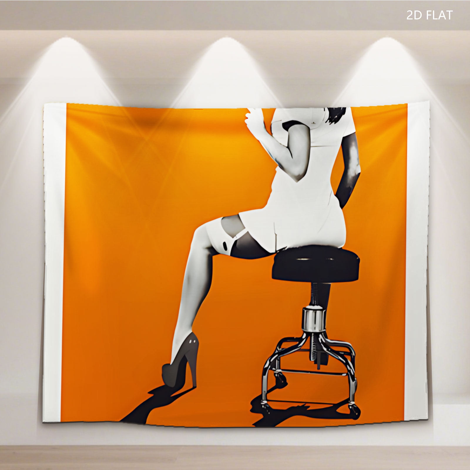 Nurse in White Dress Holding Syringe on Stool Against Orange Background - Tapestry