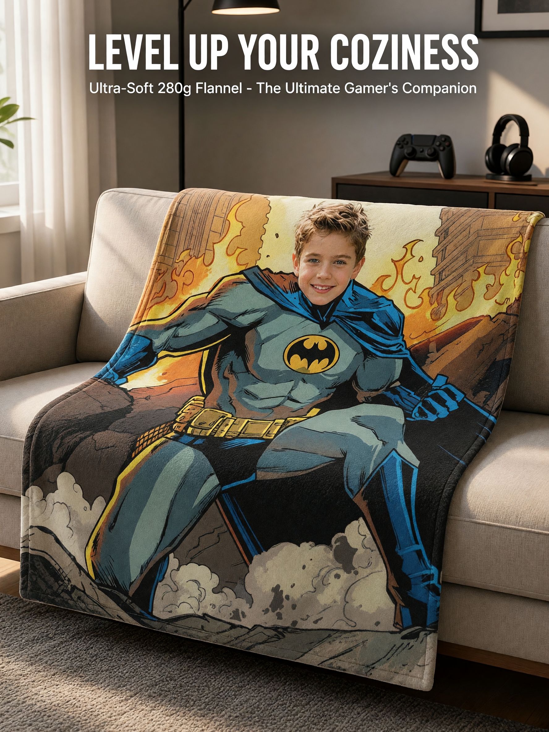 Custom Superhero Face Blanket, Personalized Photo Soft Flannel Fleece Throw, Unique Keepsake Gift for Kids and Boys