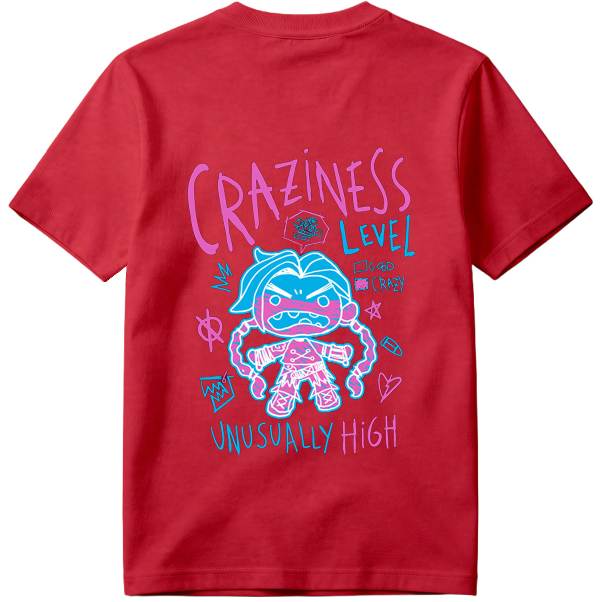 Craziness Level: Unusually High - Blue Character with Pink Accents - Tee