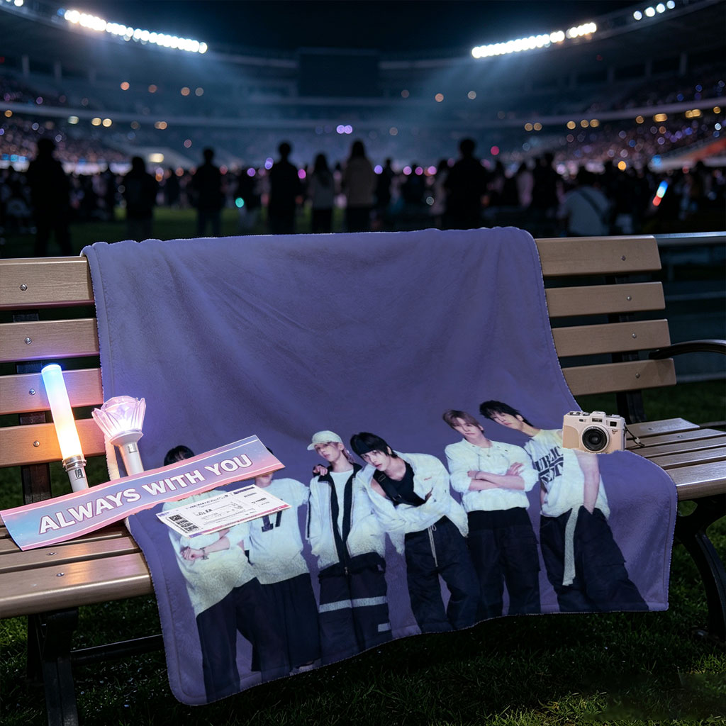 ENHYPEN Group Photo in Stylish White and Black Outfits Against a Purple Gradient Background - Blankets