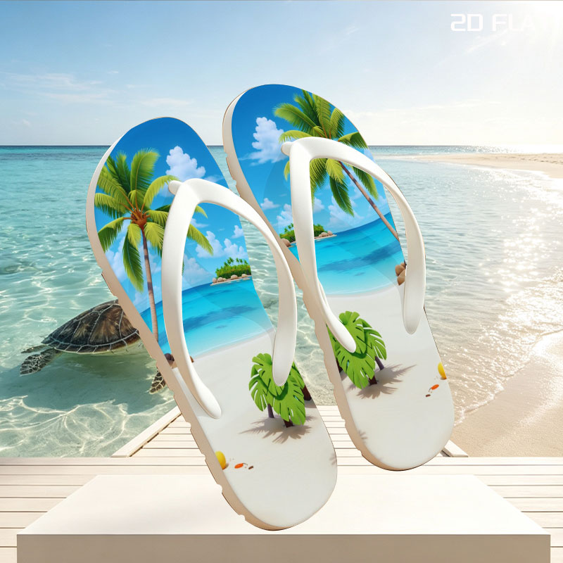 Tropical Beach with Palm Tree and Clear Blue Water -  flip-flops