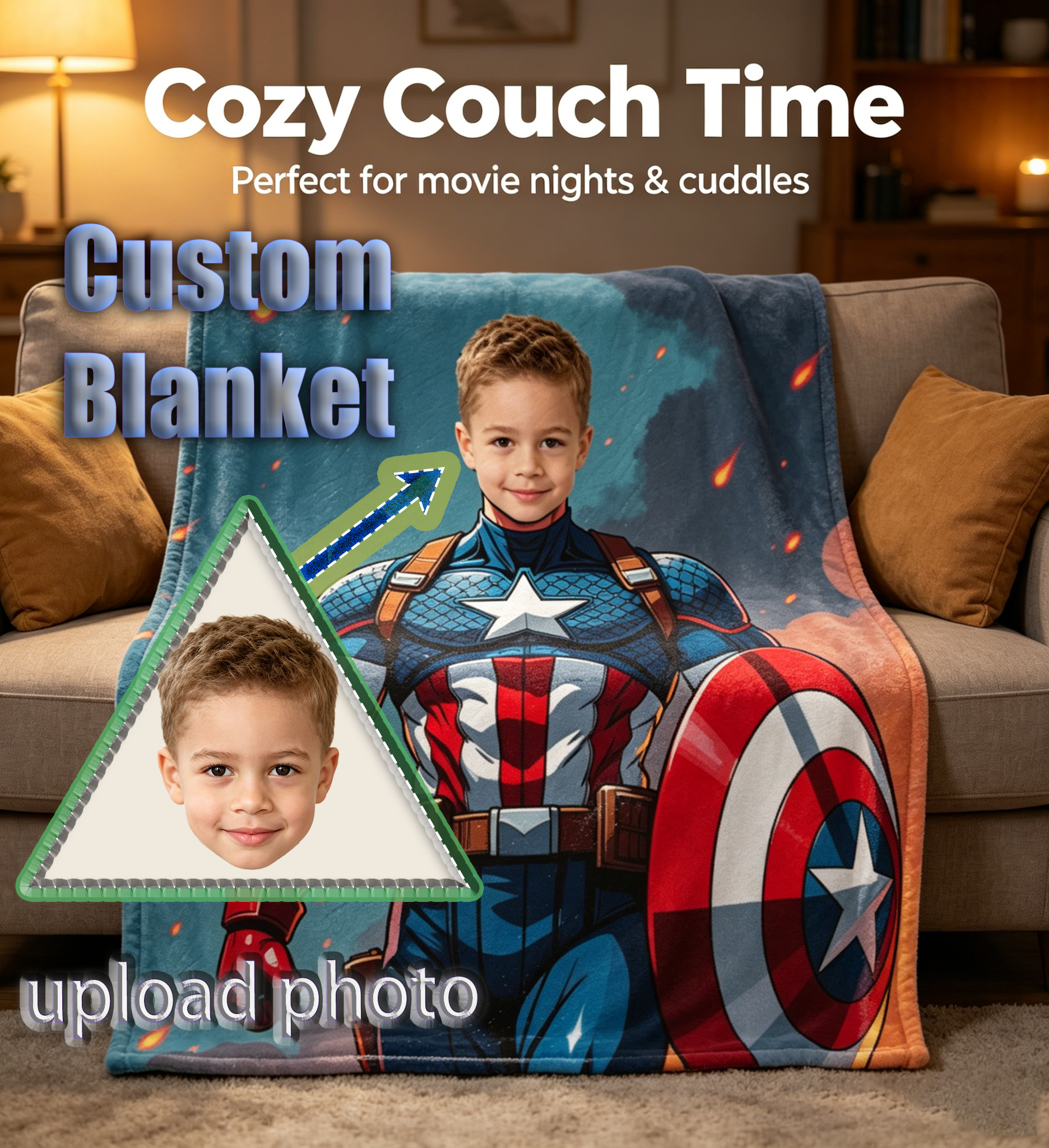 Personalized Marvel Captain America Fleece Blanket, Custom Upload Children Picture Battlefield Throw Blanket Bed Sofa Gift