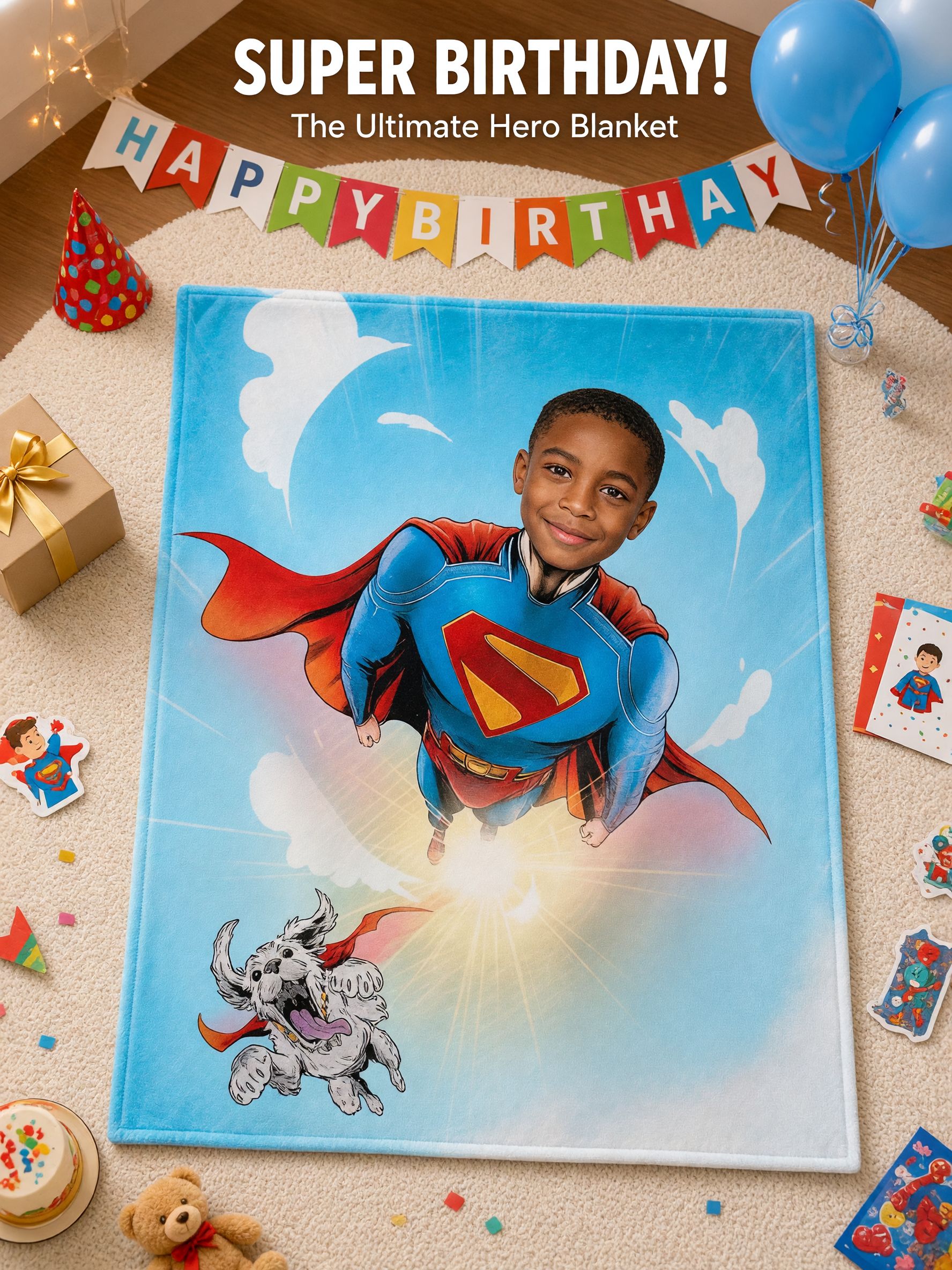 Custom Photo Superhero Flannel Blanket, Personalized Face Hero Fleece Throw, Warm Keepsake Gift for Kids and Family