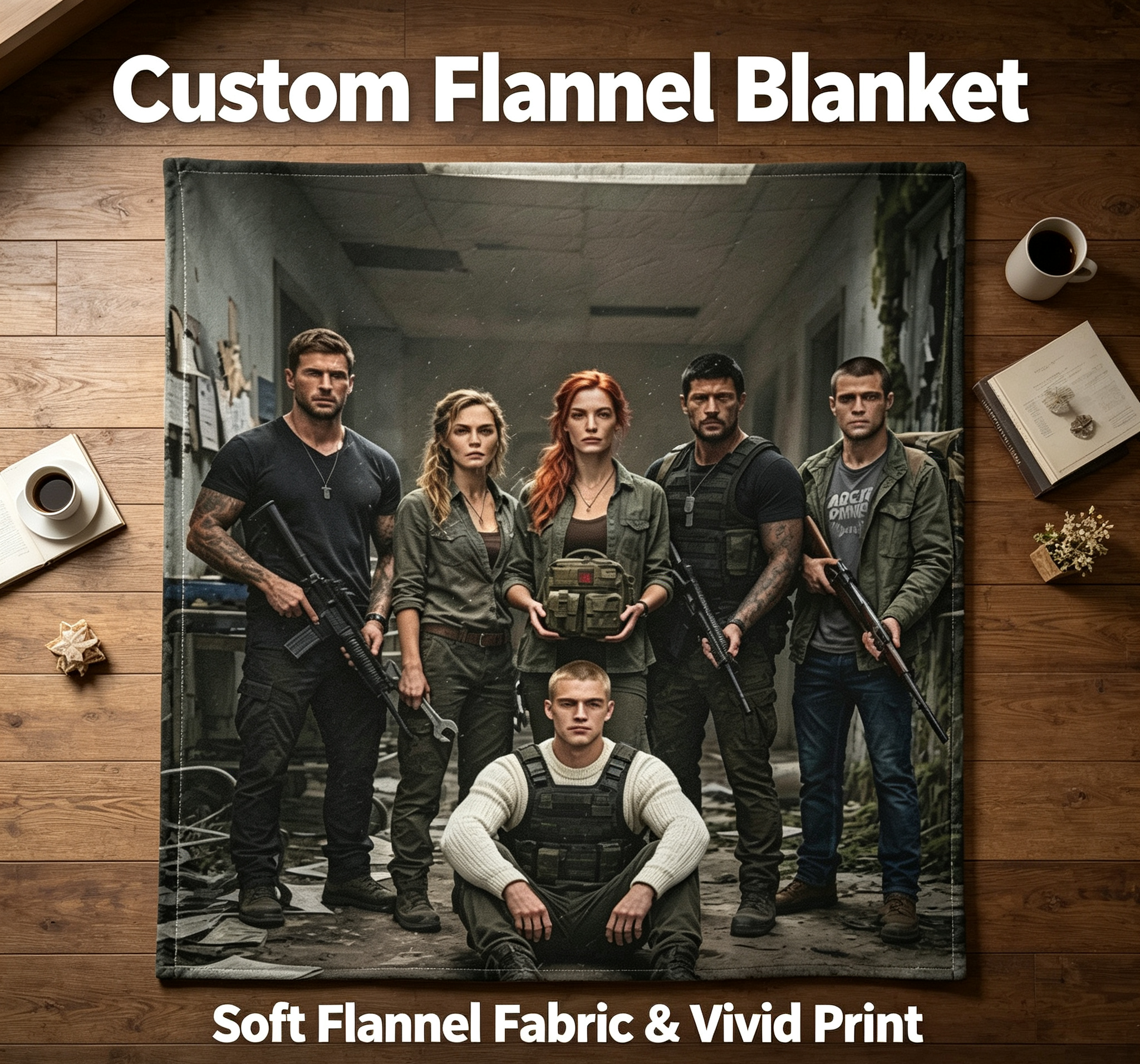Custom Face Blanket - Post-Apocalyptic Survival Team Portrait Flannel Blanket - Perfect for Couch, Bed, or Camping - Ideal Gift for Fans of Dystopian Series and Action Movies