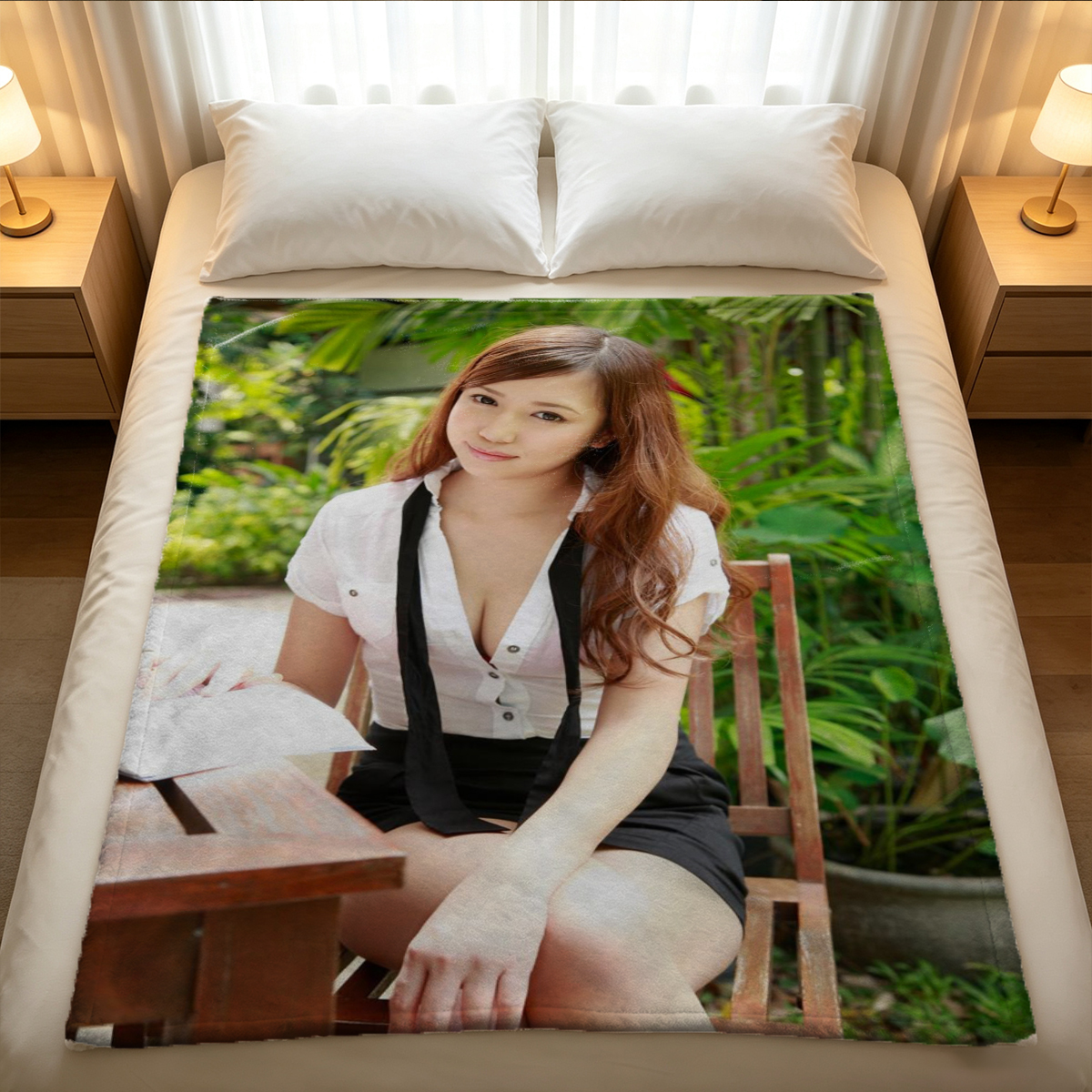 A woman in purple lingerie and sheer pantyhose posing with legs spread on an ottoman. - Blanket